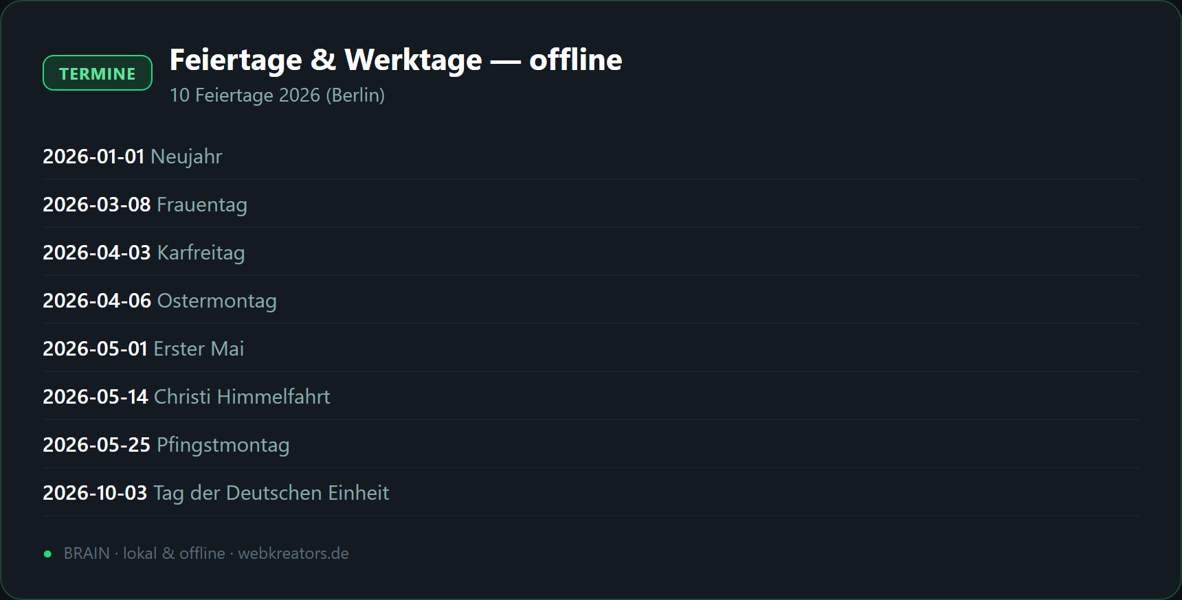 Feiertage & Werktage